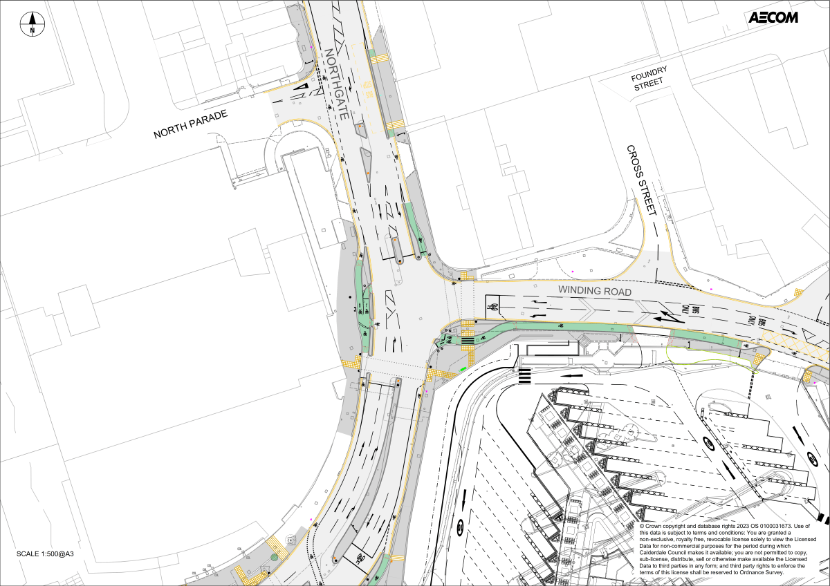 Drawing showing proposals for changes to the layout around the north and west boundary of the new Halifax Bus Station development. 